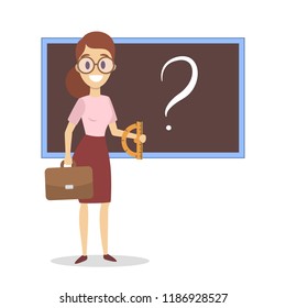 Young female teacher in glasses standing at the blackboard with question mark on it. School occupation. Woman with the briefcase. Isolated flat vector illustration