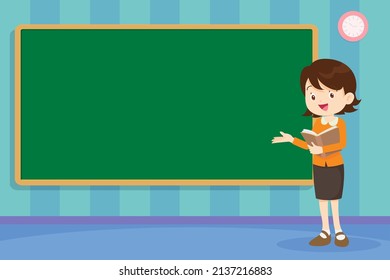 Young female teacher hold a book at blackboard in classroom