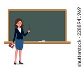 Young female teacher on lesson at blackboard in classroom. Teacher with pointer, teacher showing on board. Vector illustration	
