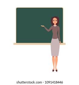 Young female teacher on lesson at blackboard in classroom. Cartoon woman showing on board. Vector illustration