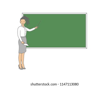 Young female teacher on lesson at blackboard in classroom. Teacher with pointer, teacher showing on board. Vector illustration