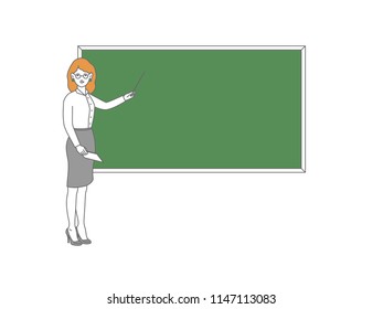 Young female teacher on lesson at blackboard in classroom. Teacher with pointer, teacher showing on board. Vector illustration