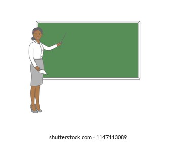 Young female teacher on lesson at blackboard in classroom. Teacher with pointer, teacher showing on board. Vector illustration