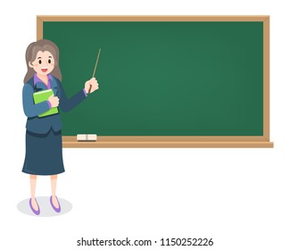 Young female teacher on lesson with chalkboard, teaching illustration