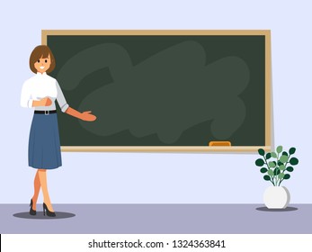 Young female teacher on lesson at blackboard in classroom,Vector illustration cartoon character.