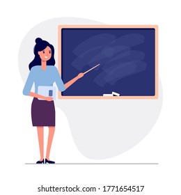Jeune enseignante à la leçon à suivre au tableau en classe isolée sur fond blanc. Enseignant avec pointeur à bord. Image vectorielle illustration à plat. Conception pour bannière, carte