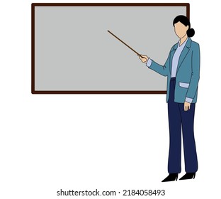 Young female teacher on lesson at blackboard in classroom. Teacher with pointer, teacher showing on board. Vector illustration. flat style design.