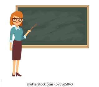 Young female teacher on lesson at blackboard in classroom. Teacher with pointer, teacher showing on board. Vector illustration