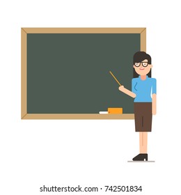 Young female teacher on lesson at blackboard in classroom. Teacher with pointer, teacher showing on board. School concept. Vector flat illustration on white background
