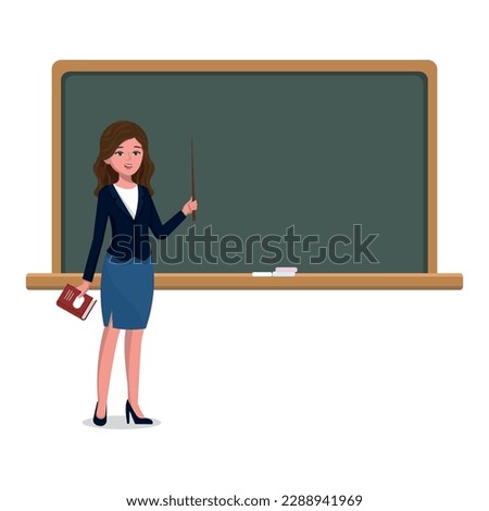 Young female teacher on lesson at blackboard in classroom. Teacher with pointer, teacher showing on board. Vector illustration	