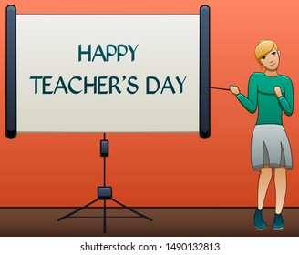 Young female teacher with pointer near projector