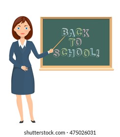 Young female teacher pointing on chalkboard with back to school message. education theme cartoon illustration. vector