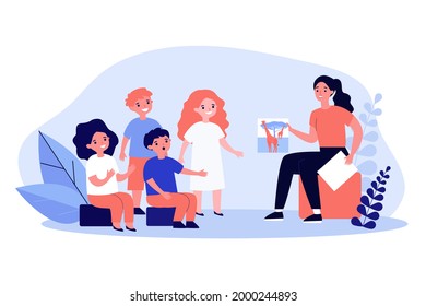 Young Female Teacher Showing Kids Picture Of Giraffes. Woman Teaching Children, Telling About Animals Flat Vector Illustration. Education, Kindergarten, Animals Concept For Banner, Website Design