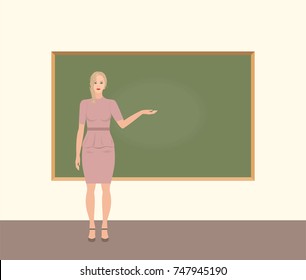 Young female teacher showing something on a blackboard, vector