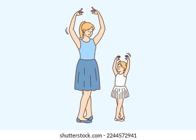 Joven profesora y niña pequeña bailando juntos un ballet. Una entrenadora sonriente enseña a un niño pequeño en un salón de baile. La actividad balnearia y el hobby. Ilustración vectorial. 