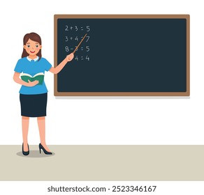 Young female teacher standing in front of class teaching math lesson at blackboard