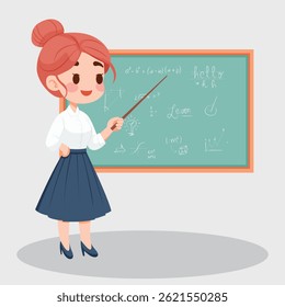Young female teacher standing in front of class, teaching.