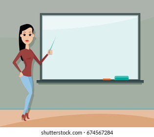 Young female teacher standing in front of blackboard. Teacher teaching student in classroom at school, college or university.