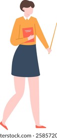 Young female teacher walking with a book in one hand and a pointer in the other, teaching and education concept, simple flat vector illustration isolated on white background