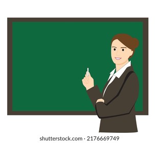 Young female teacher wearing suit holding chalk near blackboard with copy space. School, college, university professor. 