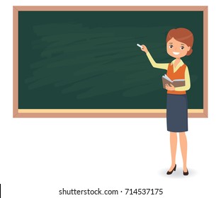 Young female teacher is writing chalk on a school blackboard. Cartoon vector illustration on a white background