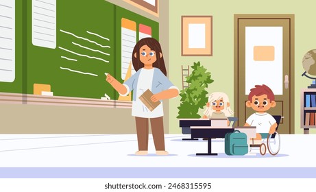 Young female teacher writing on blackboard for students. School education scene vector illustration