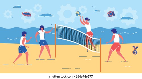 Young Female Team in Sportswear Play Volleyball on Summer Beach. Outdoor Game on Nature. Woman Jump with Ball near Net. Fun Championship on Seaside. Modern Flat Cartoon Vector Illustration