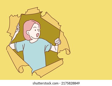 Young female tearing paper and peeking out hole, curious about commercial offer on copy space on right. Hand drawn in thin line style, vector illustrations.