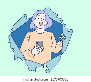 Young female tearing paper and peeking out hole, curious about commercial offer on copy space on right. Hand drawn in thin line style, vector illustrations.