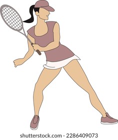 Young female tennis player in a baseball cap with a racket in her hand in motion. cartoon. In color, Vector, illustration.