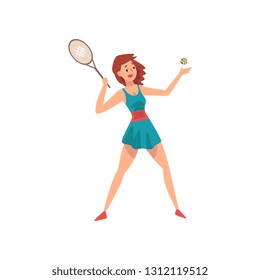 Young Female Tennis Player with Racket and Ball in Her Hands, Professional Sportswoman Character in Action Vector Illustration