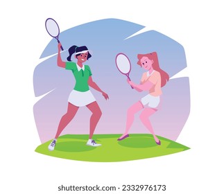 Young female tennis players with rackets on the lawn. Vector cartoon illustration isolated on white background. Tennis players women posing on workout. Sports concept.