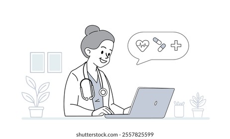 Young female therapist doctor seats at a desk with laptop giving consultation online, studying. Medical concept vector flat, doodle line illustration. 