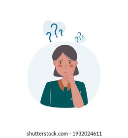 Young female thinking to solve problems. Searching solution. Curious, doubt people. Vector illustration