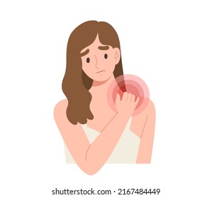 Young female touching her shoulder with pain sign. Concept of muscle pain, office syndrome, bad posture, neck and shoulder pain. Health care illustration. Flat vector cartoon character.