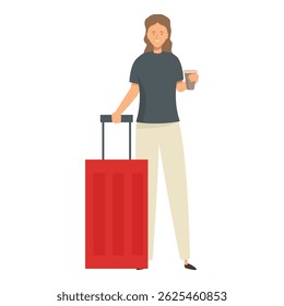 Young female tourist is holding her luggage and a coffee while waiting to check into her hotel