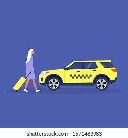 Young female tourist with a suitcase getting in a taxi, airport transfer,  millennial lifestyle