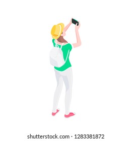 Young female tourist taking picture with smartphone. Isometric Vector illustration