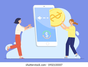 Young female transfer money via banking application, website, digital way, smartphone. Concept of  payment, , financial management, Outward remittance, disbursement. Flat vector illustration character