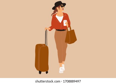 Young female traveler in hat with a laggage on the background. Traveling concept. Vector illustration in flat cartoon style