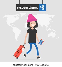 Young female traveler passing a passport control. International Flight. Navigation sign. Tourism. World map. Flat editable vector illustration, clip art