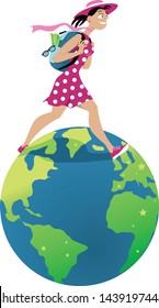 Young female traveler walking on the globe, EPS 8 vector illustration