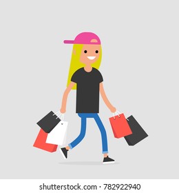 Young female trendy character walking with the shopping bags / flat editable vector illustration