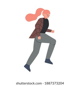 Young Female Trotting and Running Ahead in a Hurry Vector Illustration