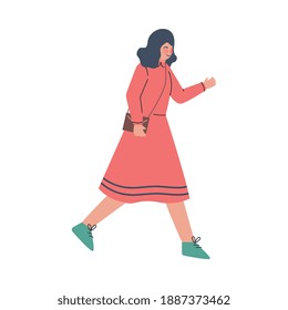 Young Female Trotting and Running Ahead in a Hurry Vector Illustration