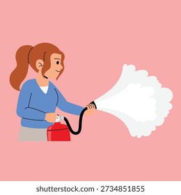 Mujer joven que usa el extintor de incendios, la mujer controla el fuego con una ilustración del extintor de incendios