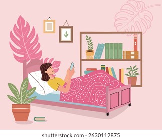  Young female using internet, relaxing with cellphone late evening online, woman lying in bed holding phone in hand watching phone. The woman cartoon character has insomnia.