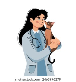 A young female veterinarian with dark hair holds a gray cat in her hands. Illustration in flat style, object isolated on white background. Attitude towards animals, love for pet