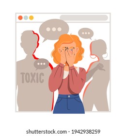 Young Female as Victim of Cyberbullying Suffering from Violence and Hatred from Social Media Vector Illustration