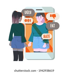 Young Female as Victim of Cyberbullying Suffering from Violence and Hatred from Social Media Vector Illustration